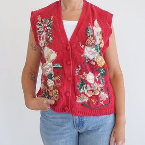 Vintage Casual Corner Red Embroidered Holiday Tree Pinecone Vest Festive L